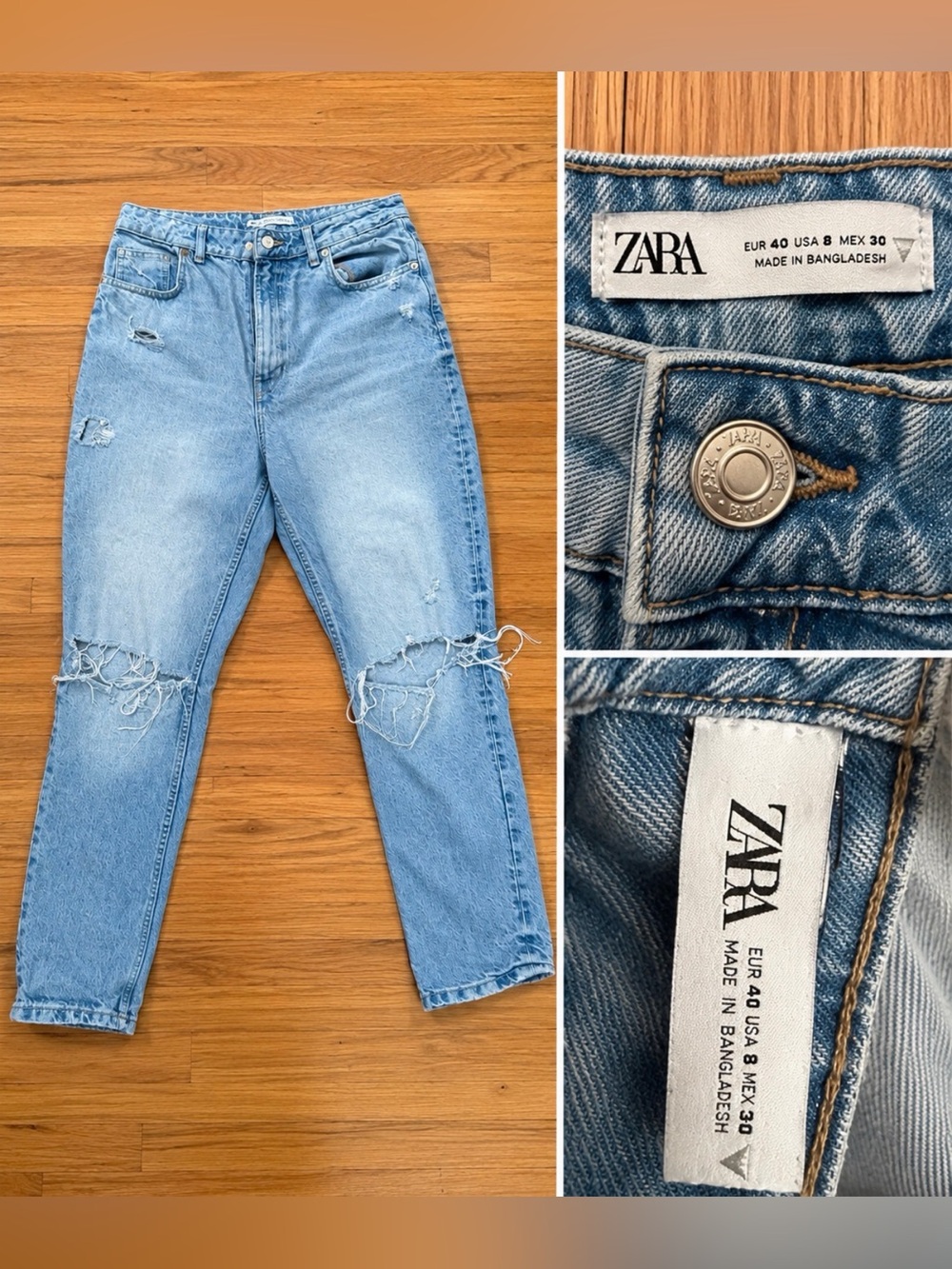 Zara Light Blue Ripped Relaxed Jeans